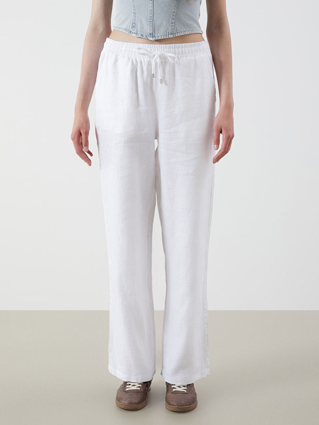Beyaz Beli Lastikli %100 Keten Kadın Pantolon-3