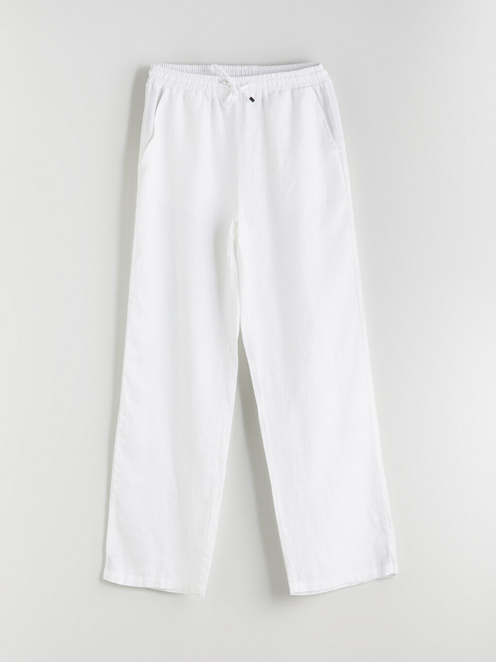 Beyaz Beli Lastikli %100 Keten Kadın Pantolon-4