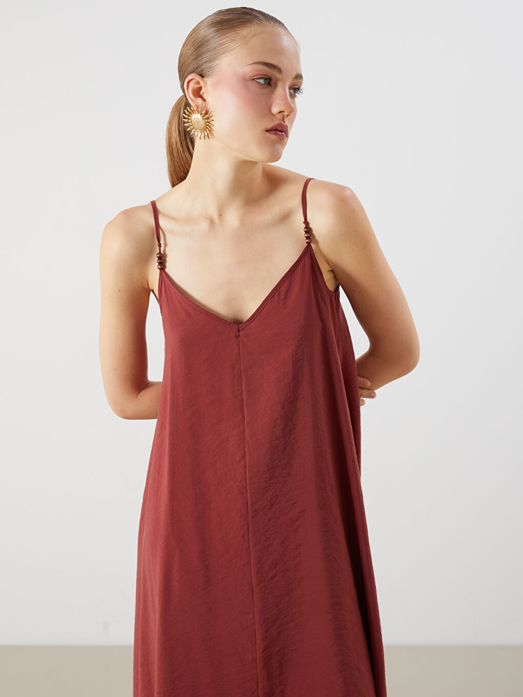 Bordo V Yaka Askılı A Kesim Modal Karışımlı Elbise