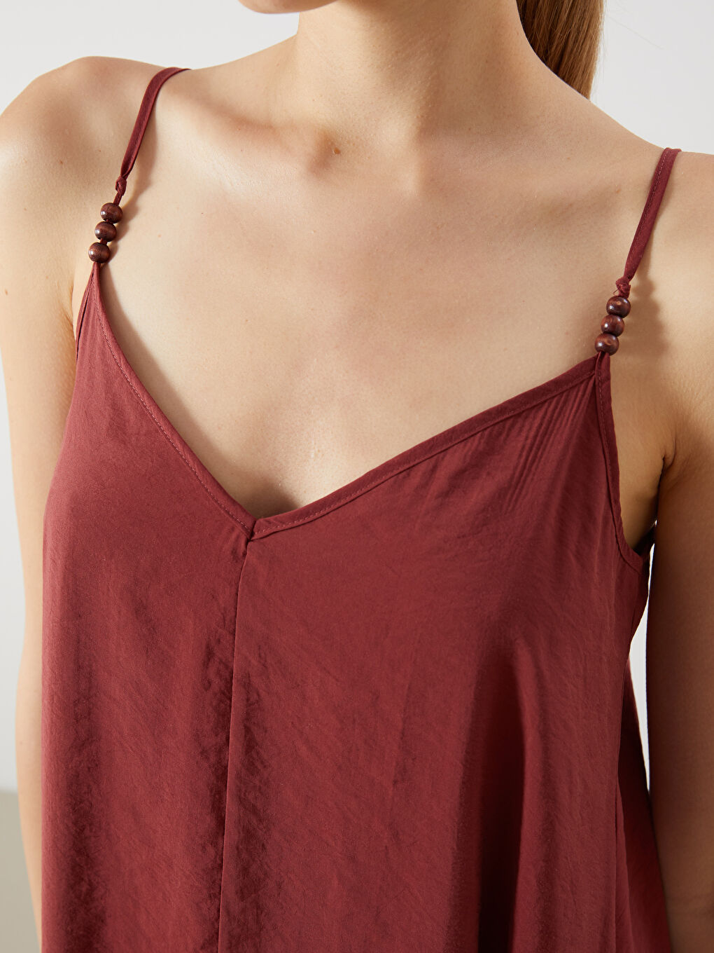 Bordo V Yaka Askılı A Kesim Modal Karışımlı Elbise-2