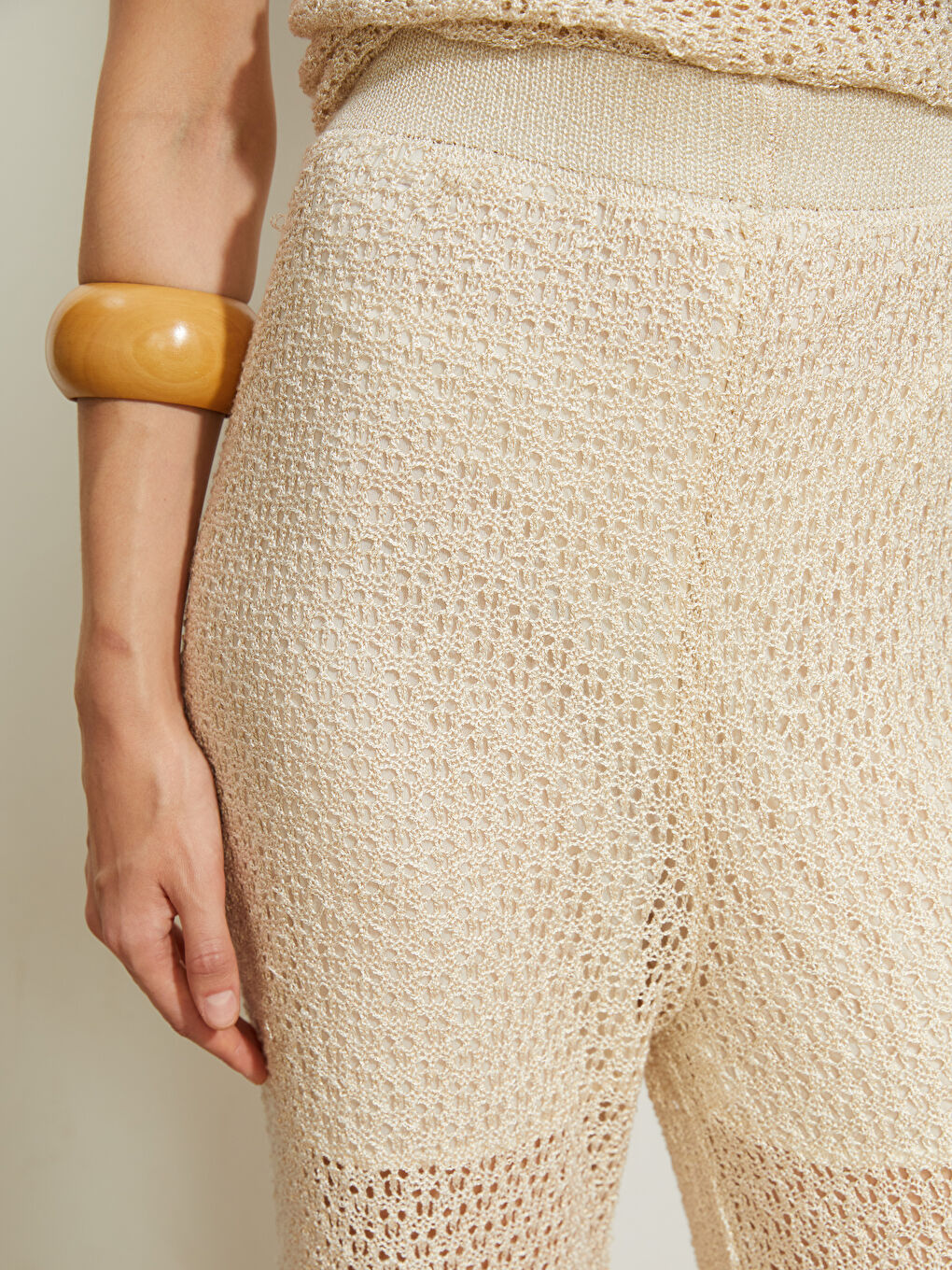 Bej Beli Lastikli Ajurlu Kadın Pantolon-4