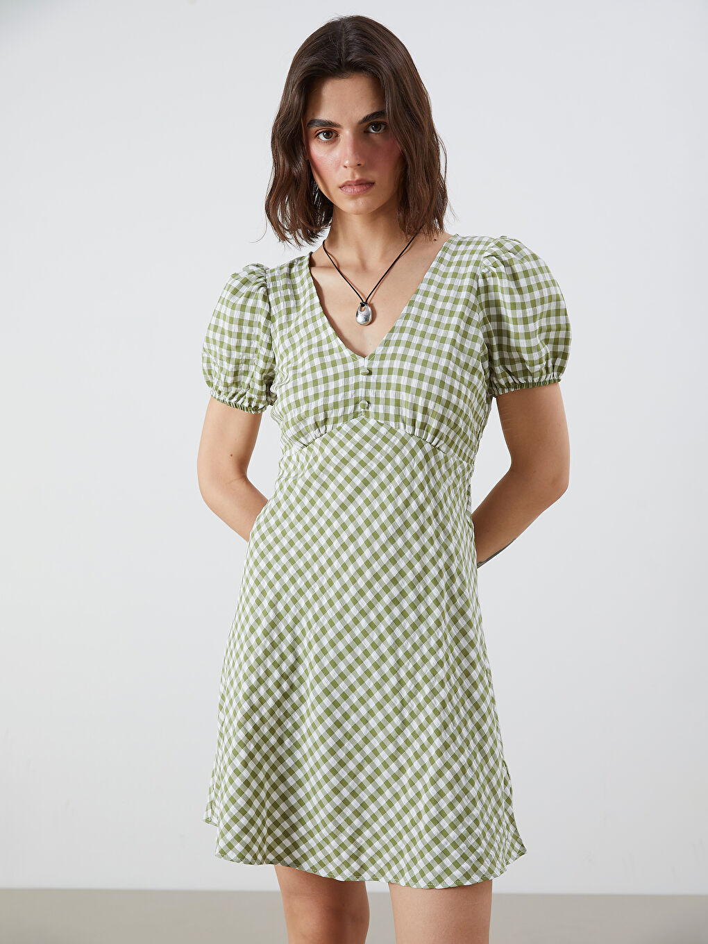 Balloon Sleeve Plaid Fitted Waist Mini Dress