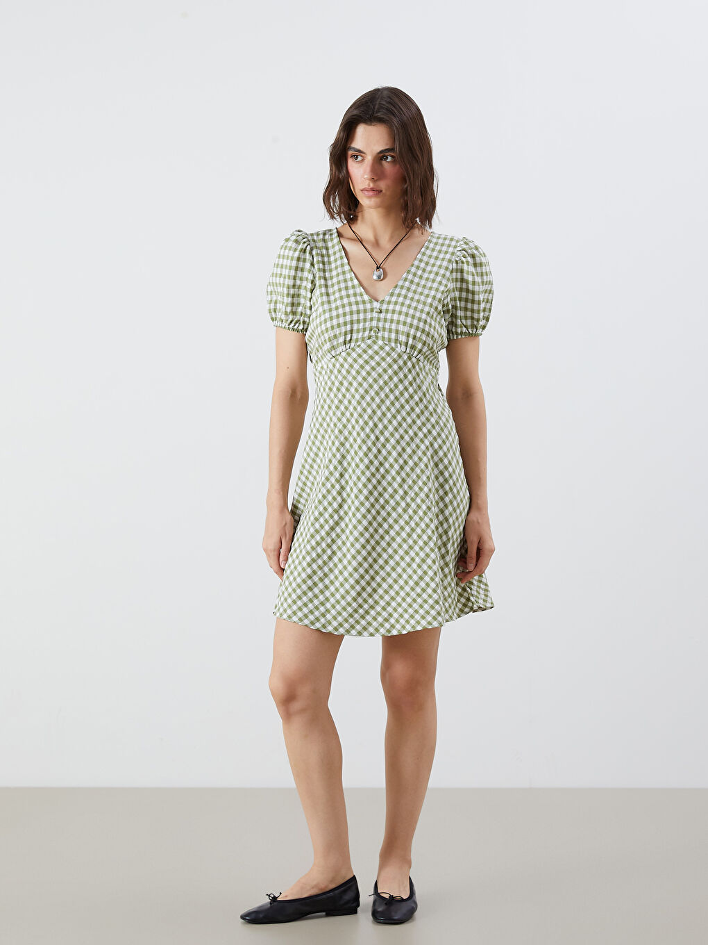 Balloon Sleeve Plaid Fitted Waist Mini Dress-1