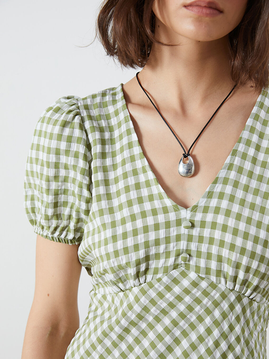 Balloon Sleeve Plaid Fitted Waist Mini Dress-2