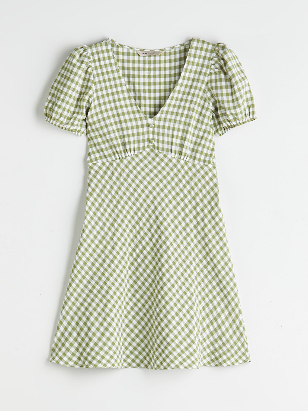Balloon Sleeve Plaid Fitted Waist Mini Dress-4