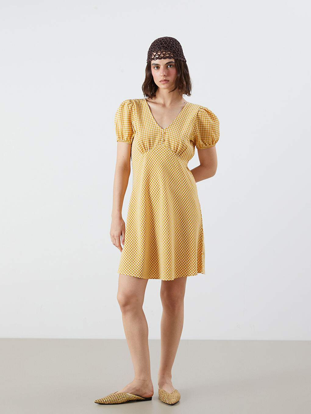 Sarı Balon Kollu Ekose Belden Oturtmalı Mini Elbise-1