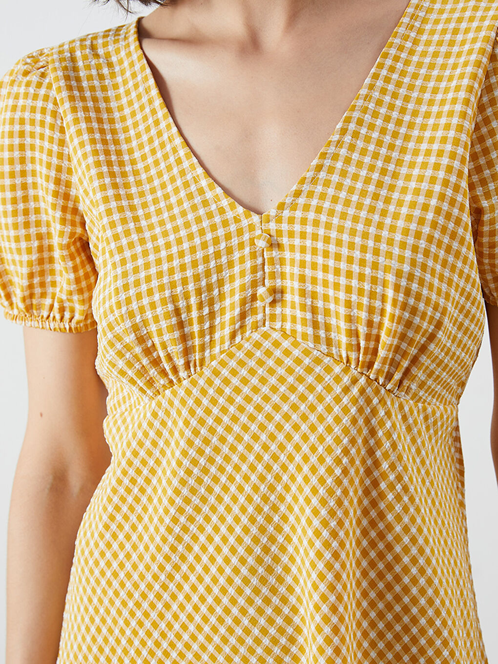 Sarı Balon Kollu Ekose Belden Oturtmalı Mini Elbise-2