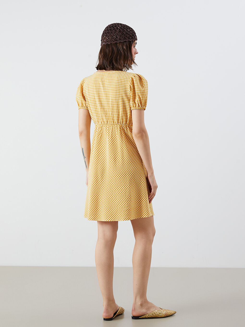 Sarı Balon Kollu Ekose Belden Oturtmalı Mini Elbise-3
