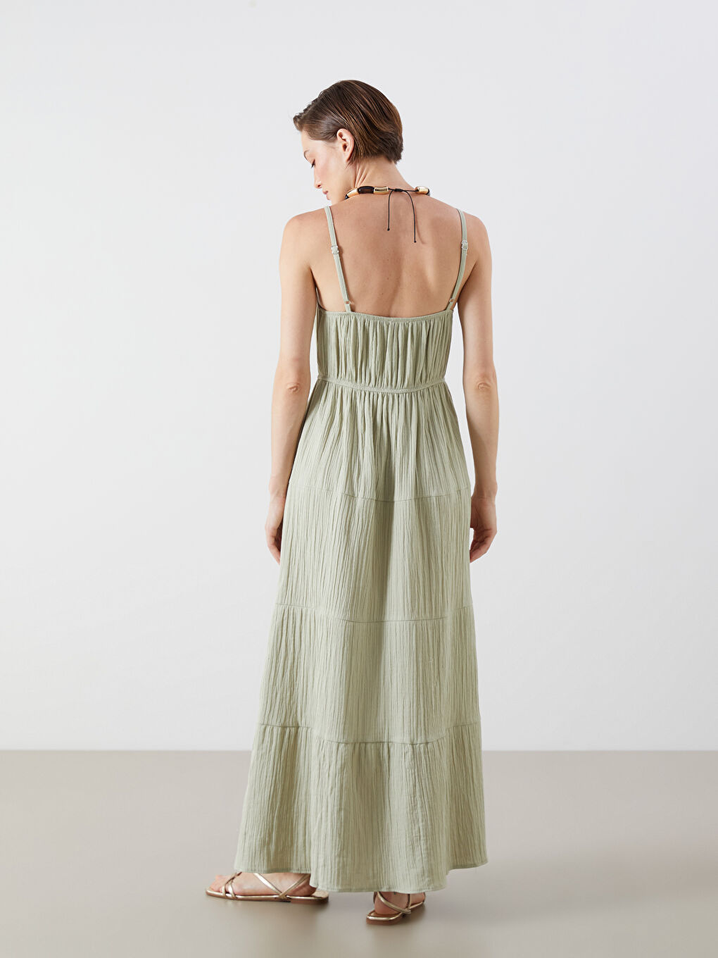 Yeşil U Yaka Büzgülü A Kesim Müslin Elbise-3