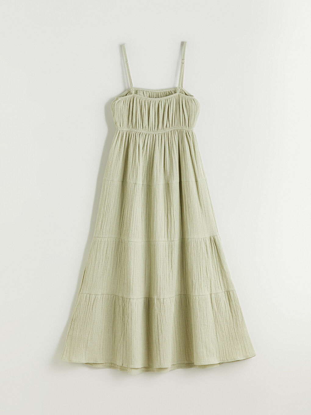 Yeşil U Yaka Büzgülü A Kesim Müslin Elbise-4