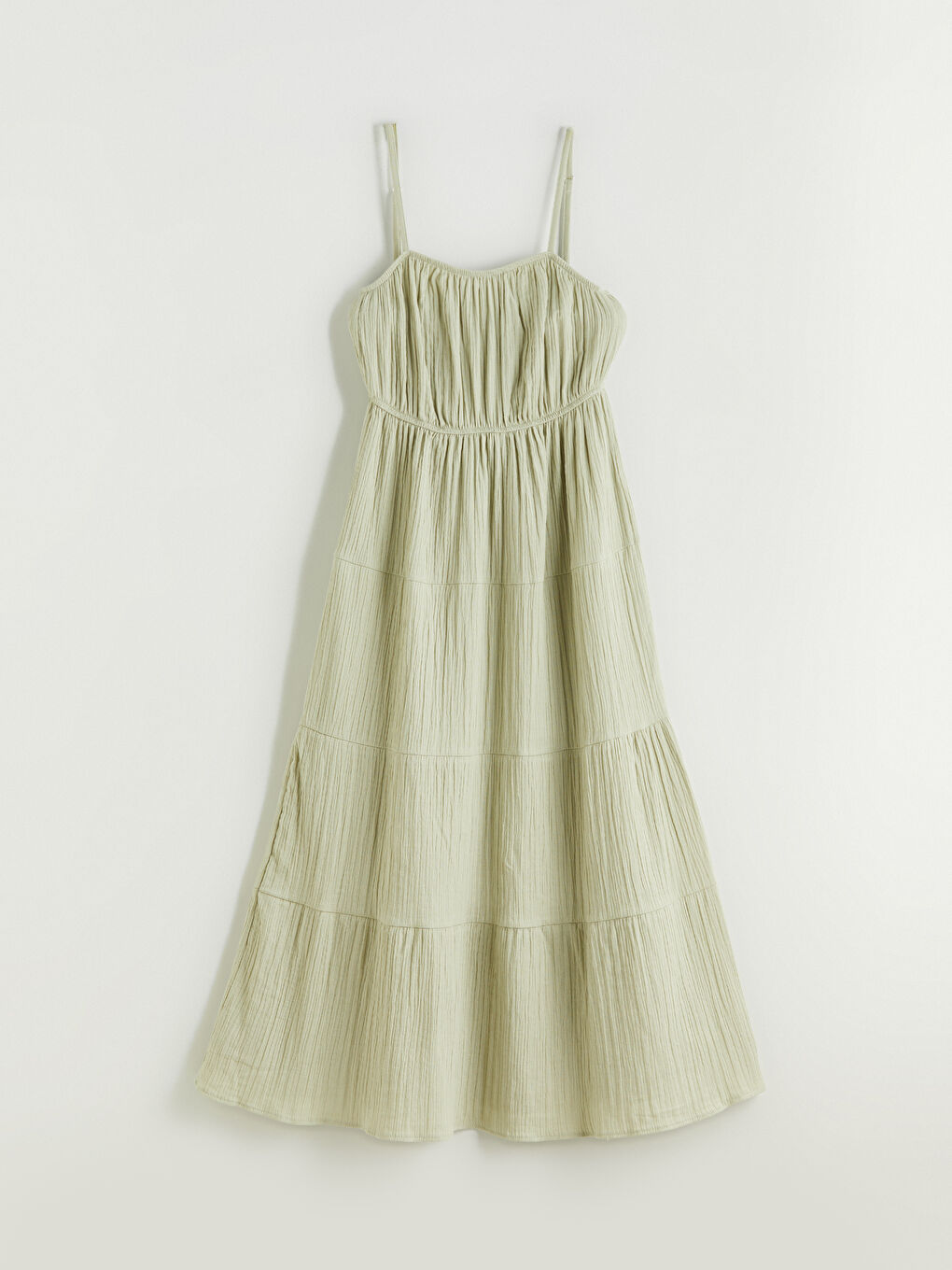 Yeşil U Yaka Büzgülü A Kesim Müslin Elbise-5