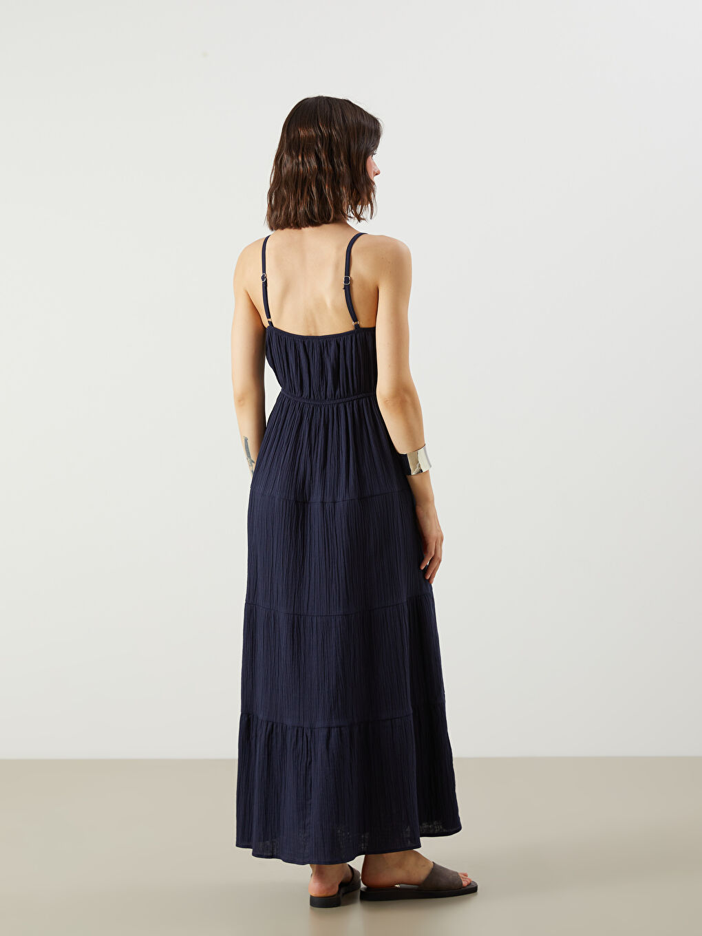 Lacivert U Yaka Büzgülü A Kesim Müslin Elbise-3