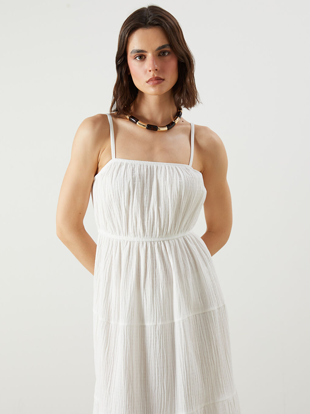 Ekru U Yaka Büzgülü A Kesim Müslin Elbise-1