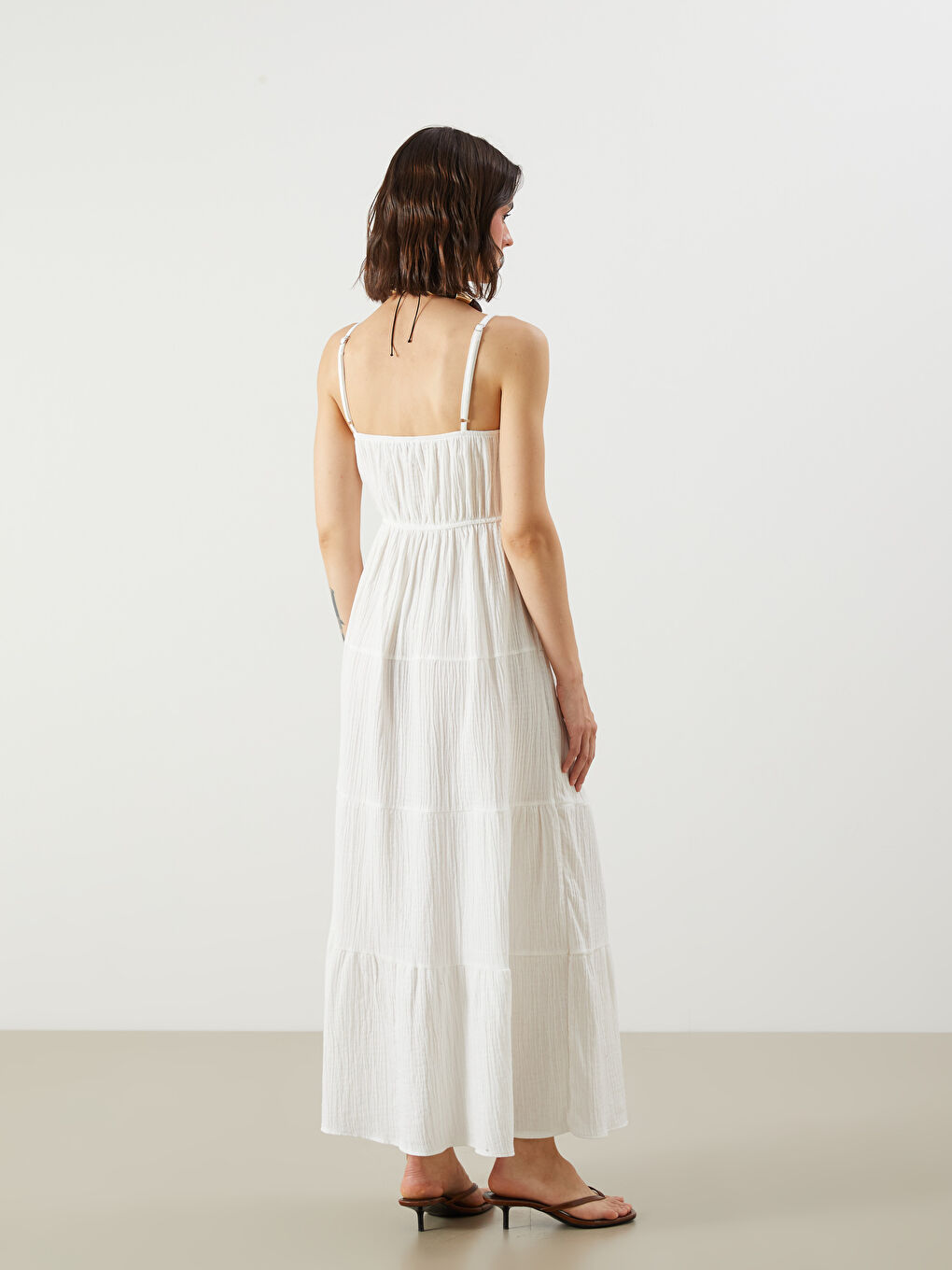 Ekru U Yaka Büzgülü A Kesim Müslin Elbise-3