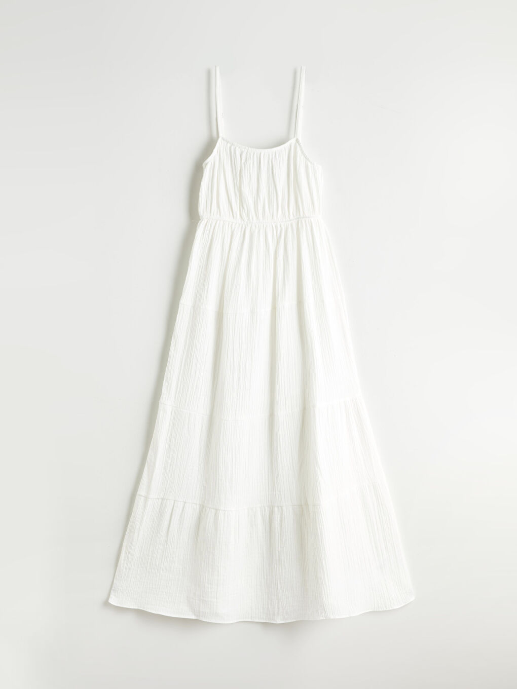 Ekru U Yaka Büzgülü A Kesim Müslin Elbise-4