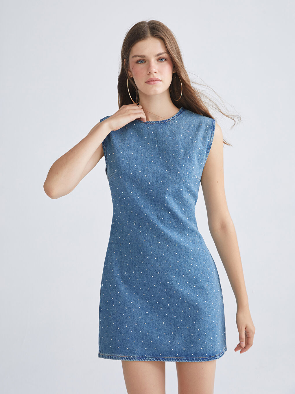 Mavi Bisiklet Yaka Parlak Taşlı Mini Jean Elbise