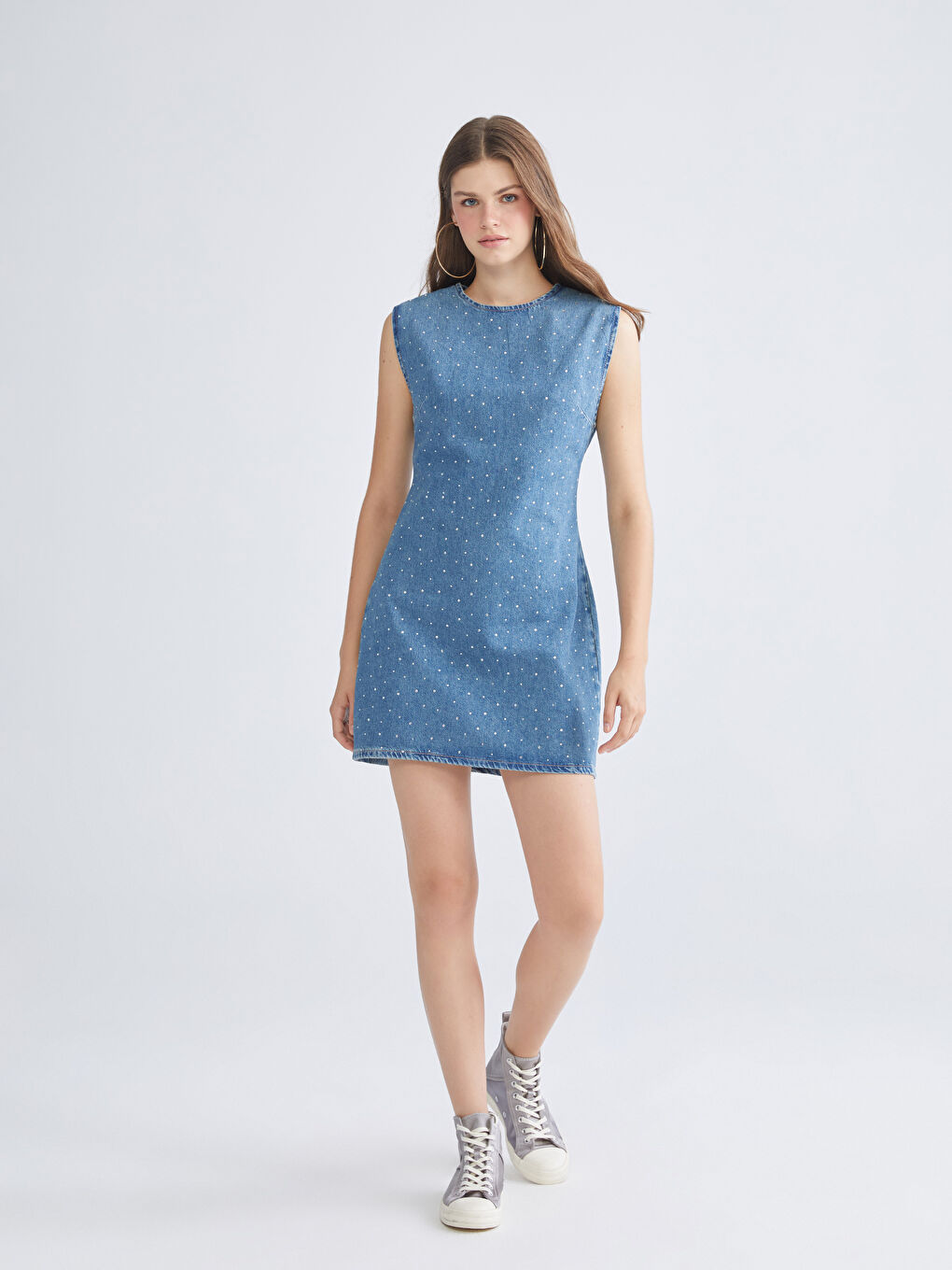Mavi Bisiklet Yaka Parlak Taşlı Mini Jean Elbise-1