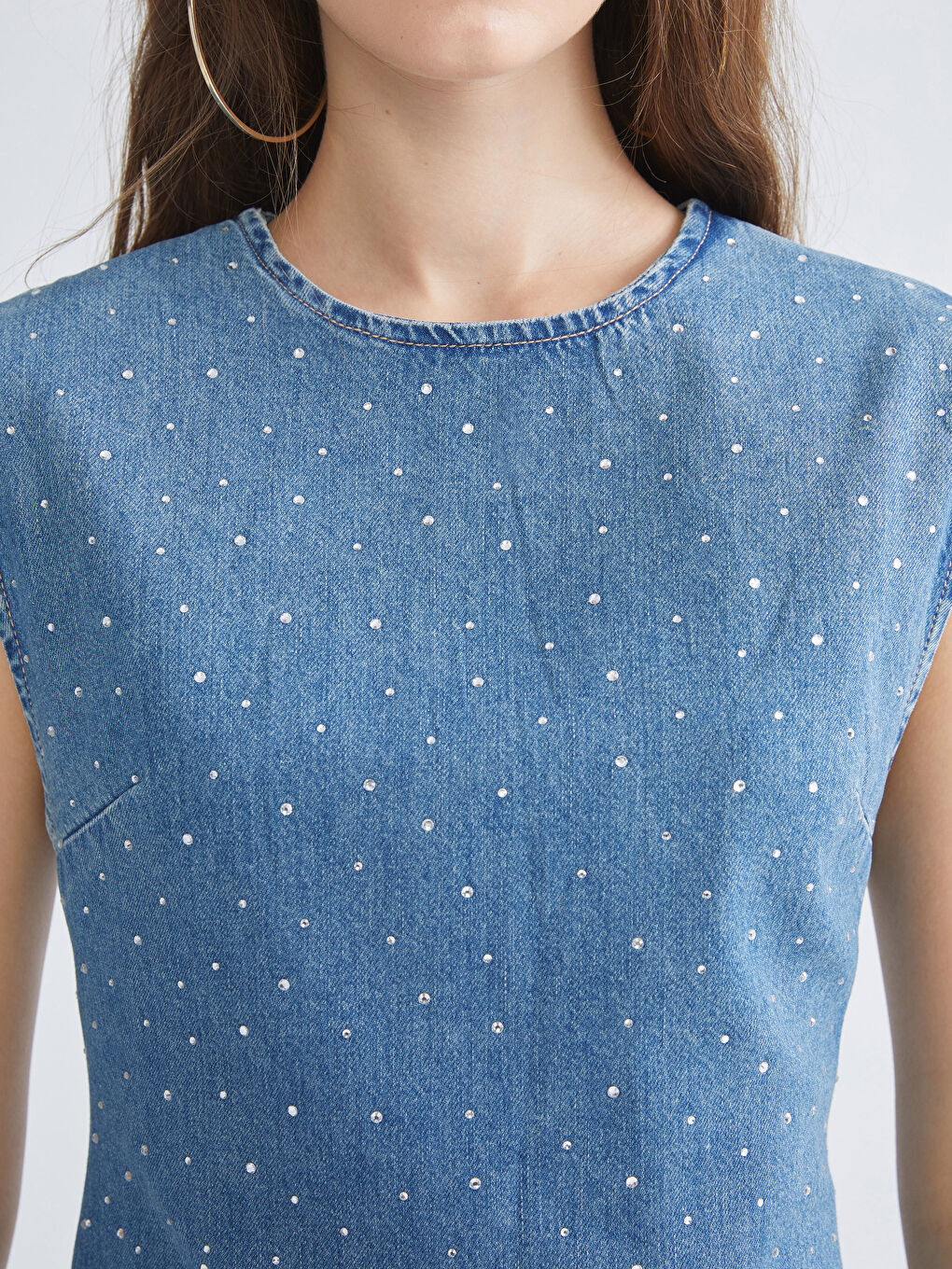 Mavi Bisiklet Yaka Parlak Taşlı Mini Jean Elbise-2