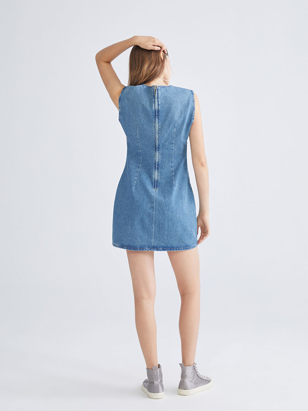 Mavi Bisiklet Yaka Parlak Taşlı Mini Jean Elbise-3