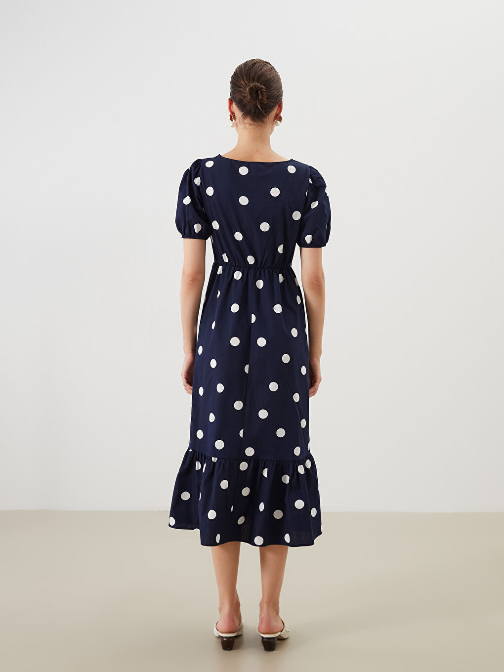 Lacivert Bağlamalı Yaka Puantiyeli Belden Oturtmalı Elbise-3