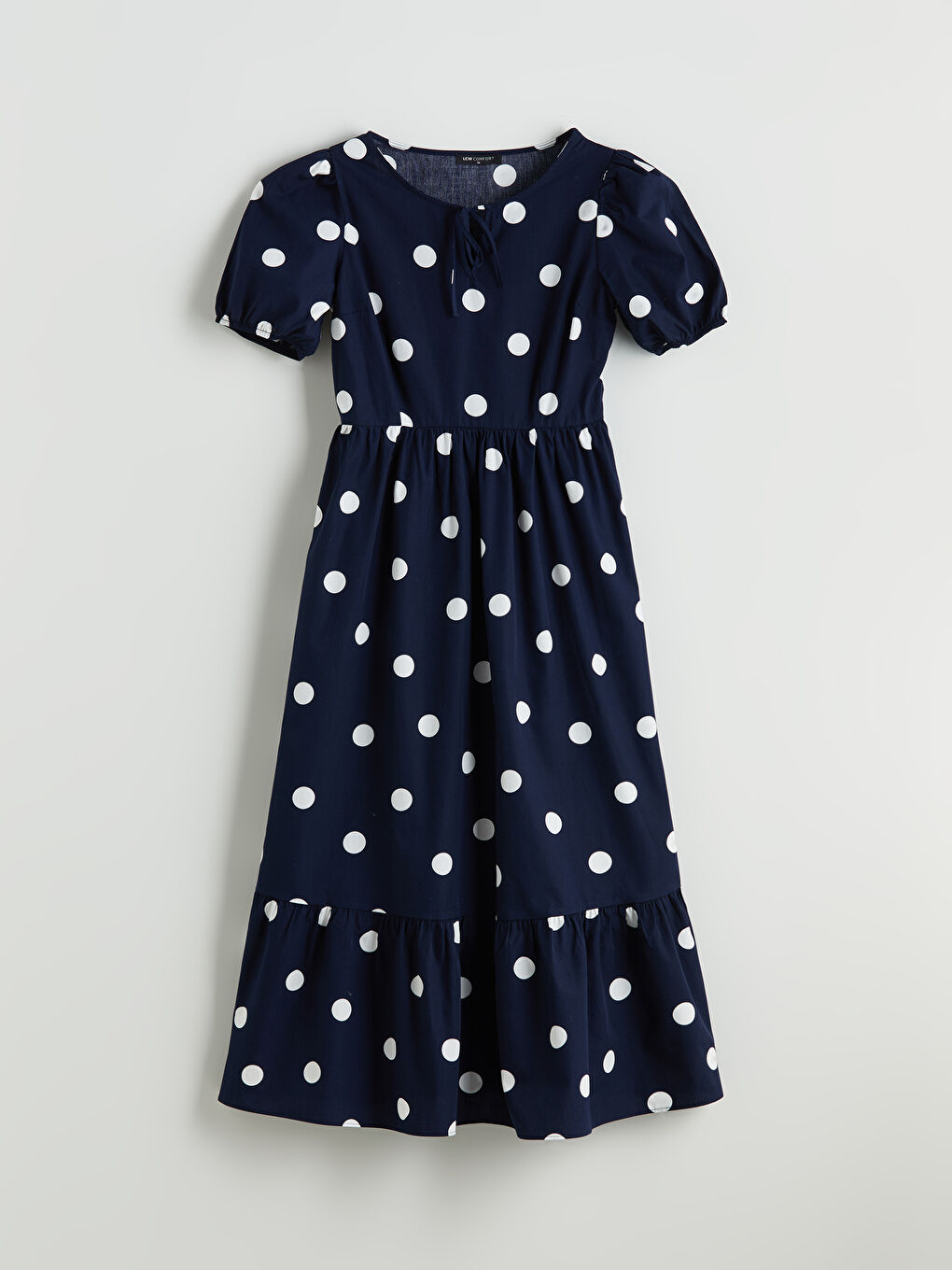 Lacivert Bağlamalı Yaka Puantiyeli Belden Oturtmalı Elbise-4