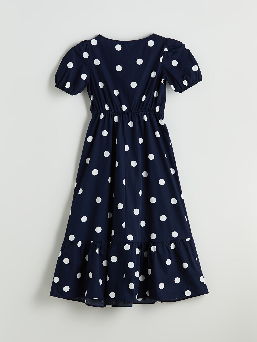 Lacivert Bağlamalı Yaka Puantiyeli Belden Oturtmalı Elbise-5