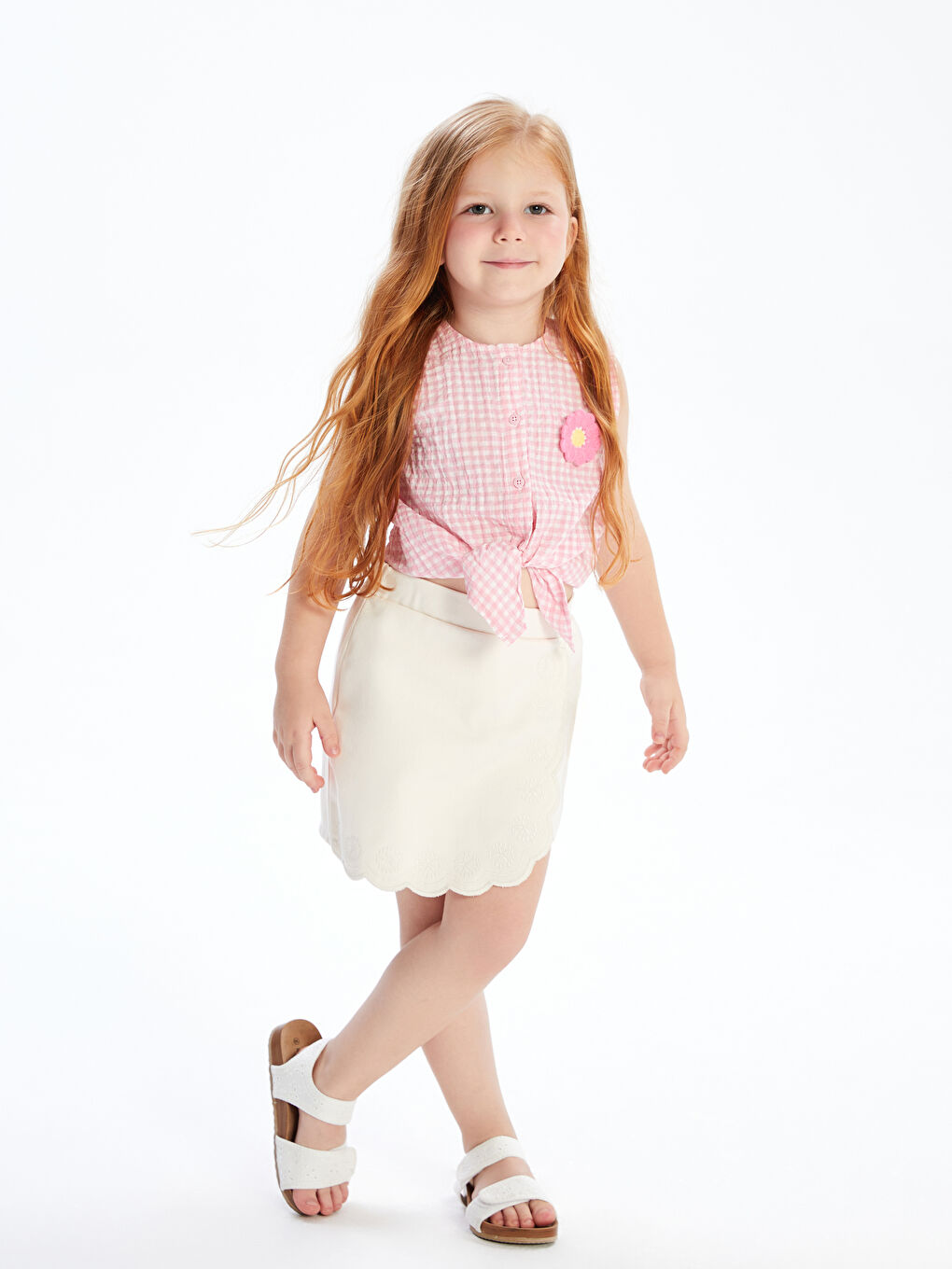 Pembe Kolsuz Çiçekli Ekose Kız Çocuk Gömlek-1