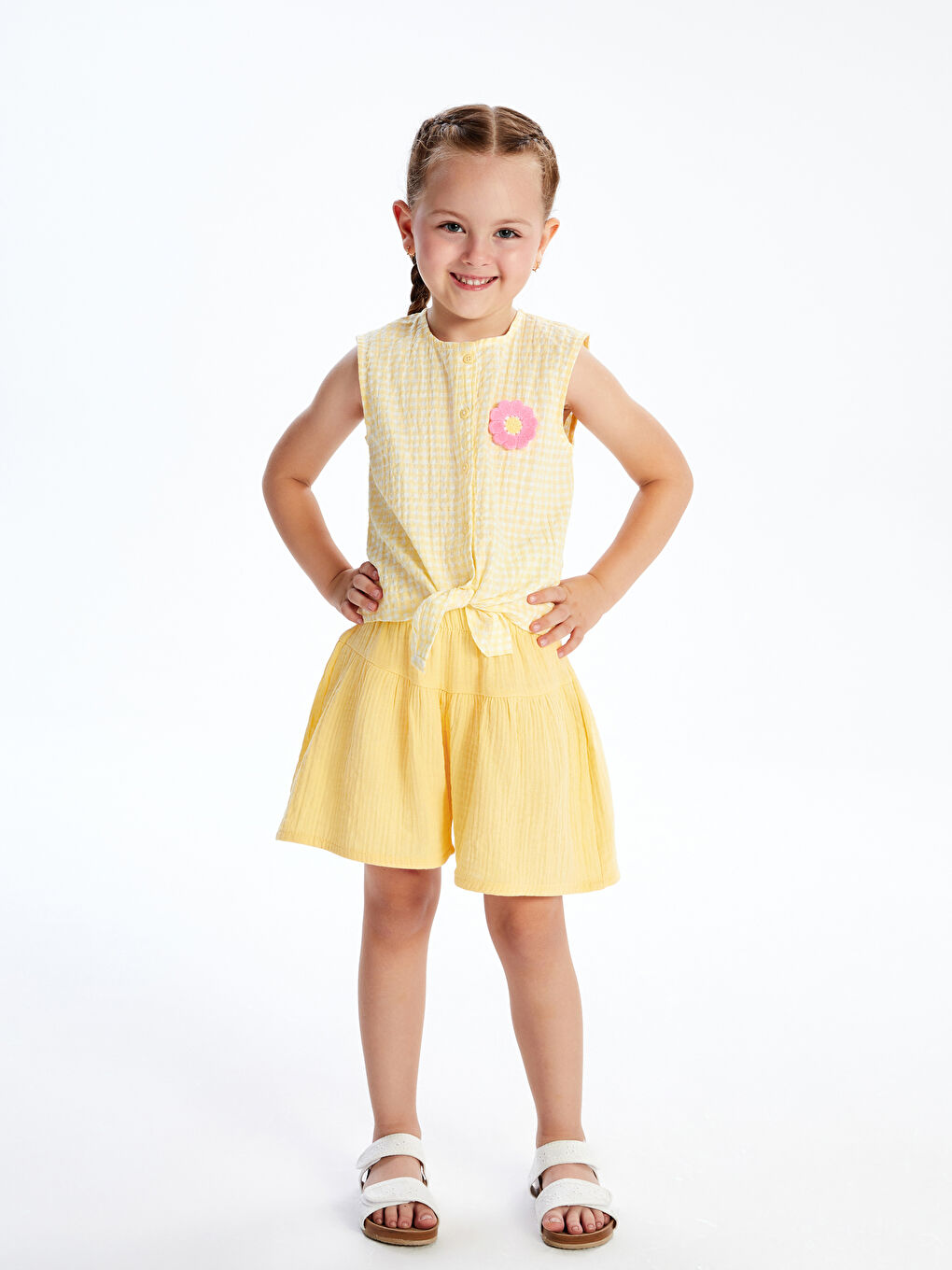 Sarı Kolsuz Çiçekli Ekose Kız Çocuk Gömlek-1