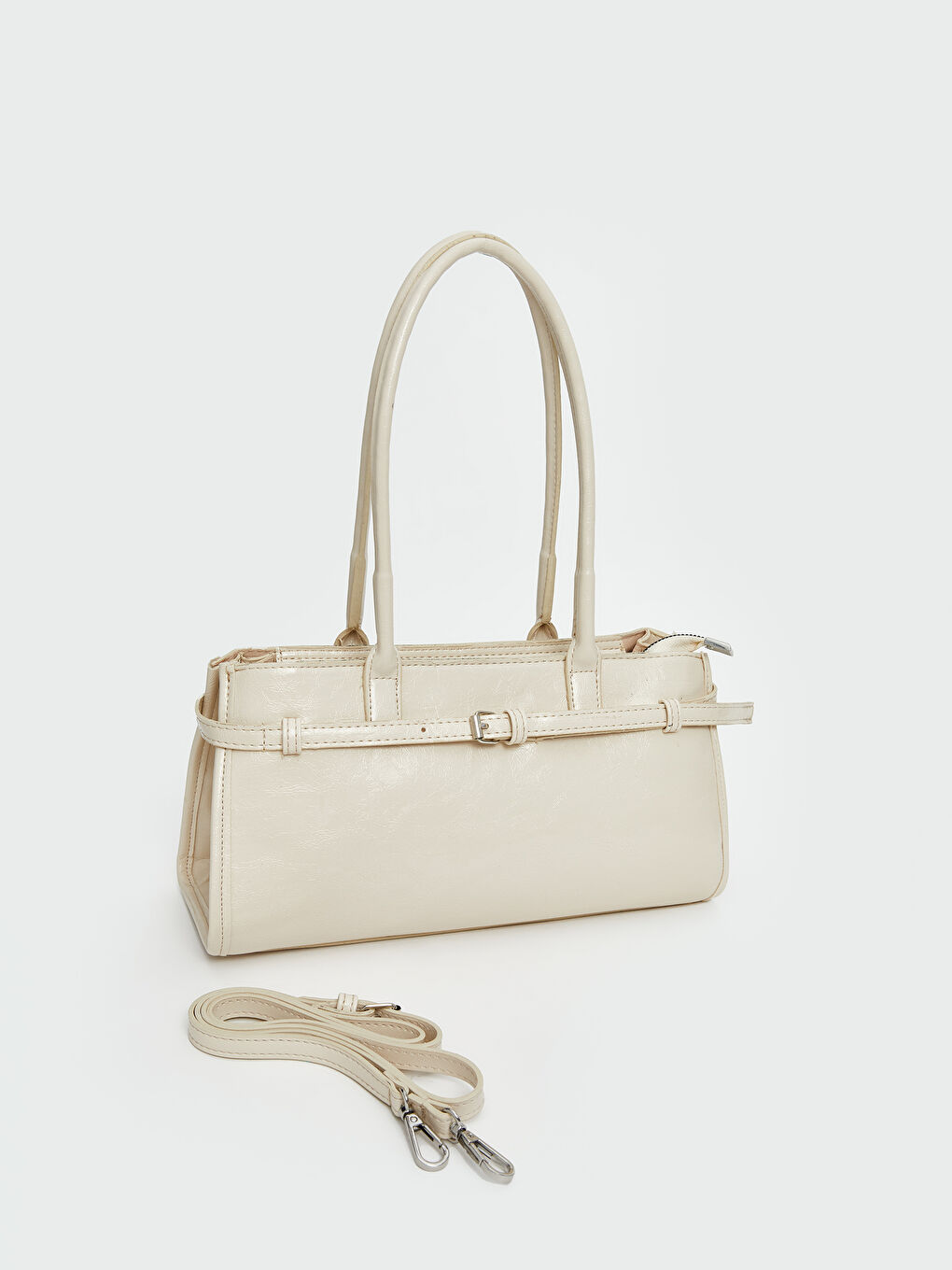 Ekru Deri Görünümlü Kadın Baget Çanta-1