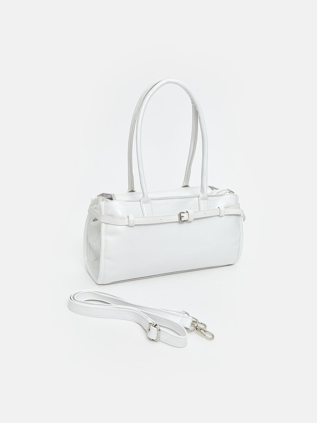 Beyaz Deri Görünümlü Kadın Baget Çanta-1