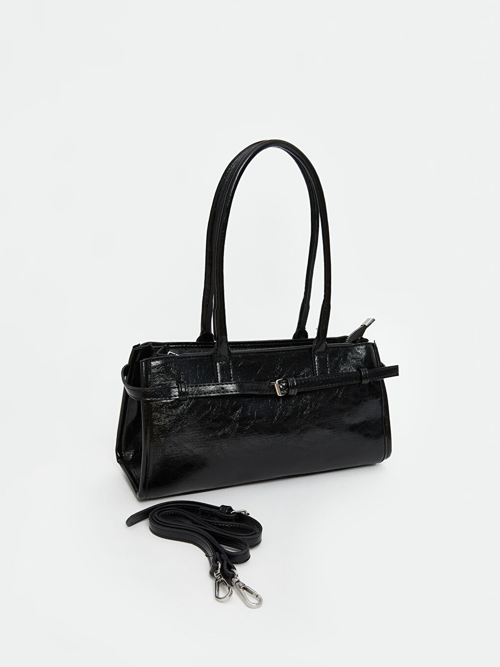 Siyah Deri Görünümlü Kadın Baget Çanta-3