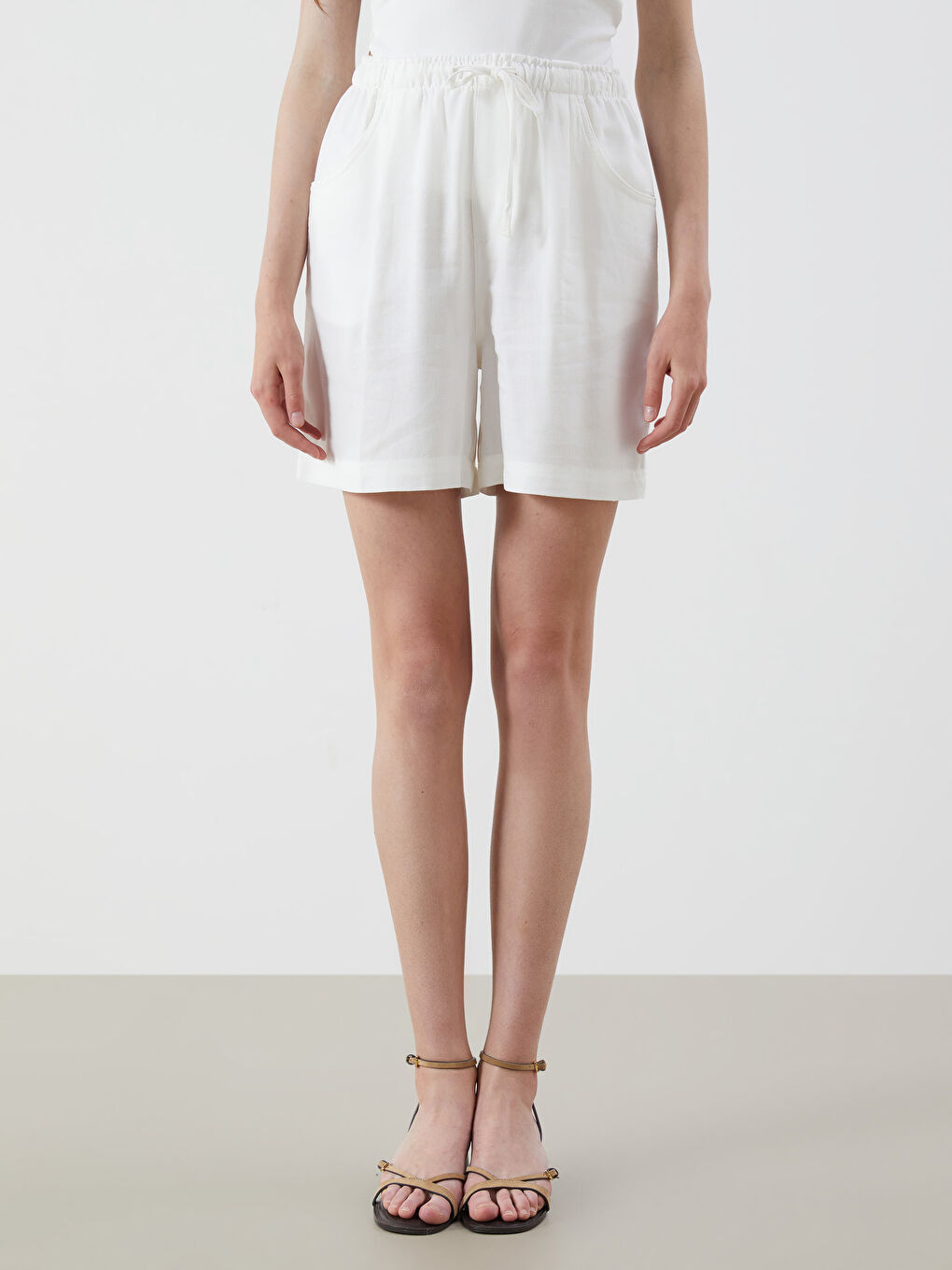 Plain Linen Blend Women's Shorts with Elastic Waist -S5QD45Z8-Q6K