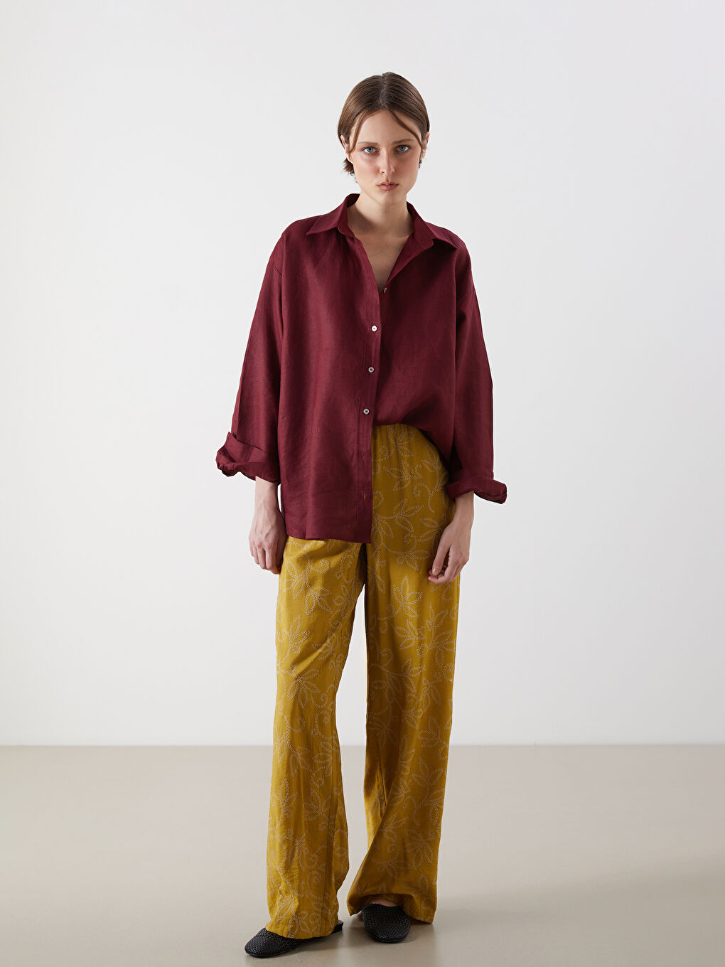 LCW Vision Pantalone sa elastičnim strukom, uzorkom i širokim nogavicama za žene -S5QD60Z8-RND
