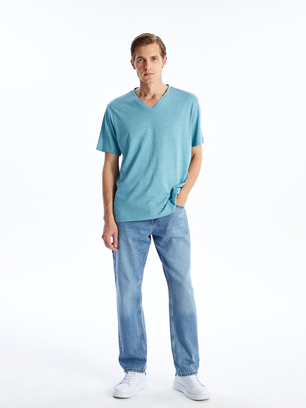 Ерлерге арналған v жағалы қысқа жең трикотаж футболка-3