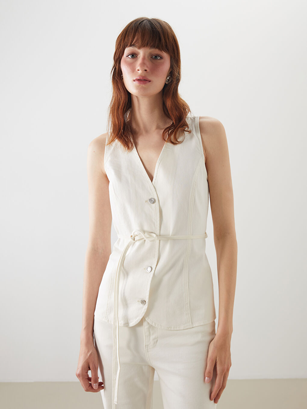 V Neck Women's Denim Waistcoat -S5QE32Z8-Q6K