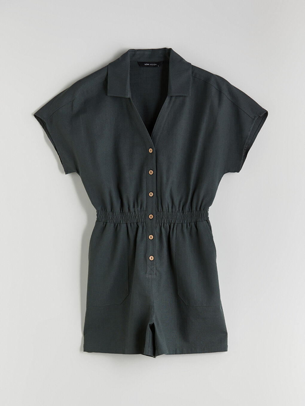 Yeşil Gömlek Yaka Düğmeli Kadın Şort Tulum-4