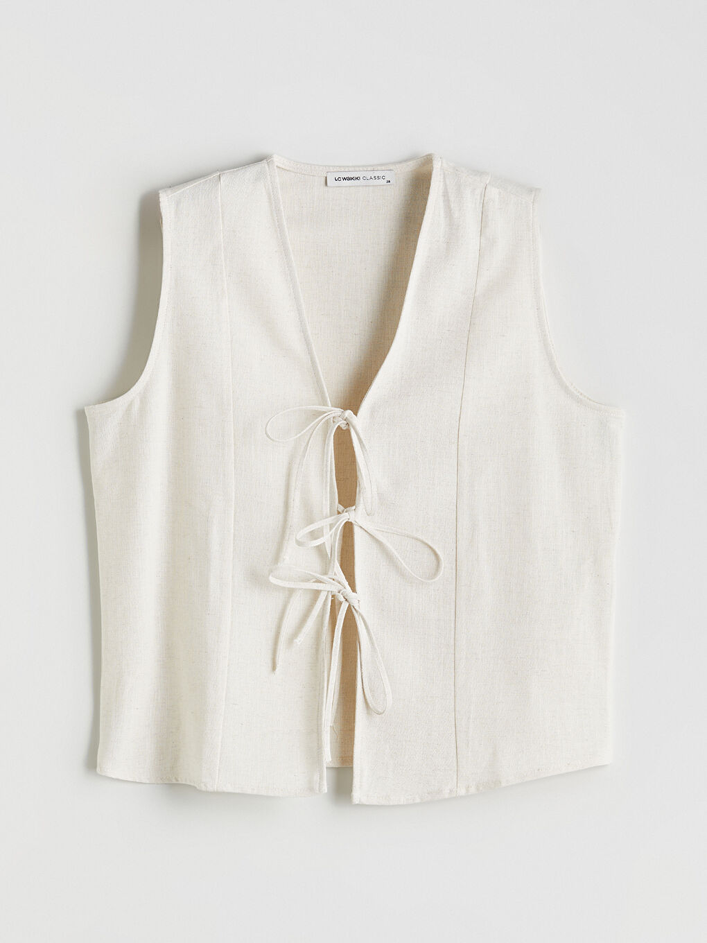 Bej V Yaka Bağlamalı Keten Karışımlı Bluz-4