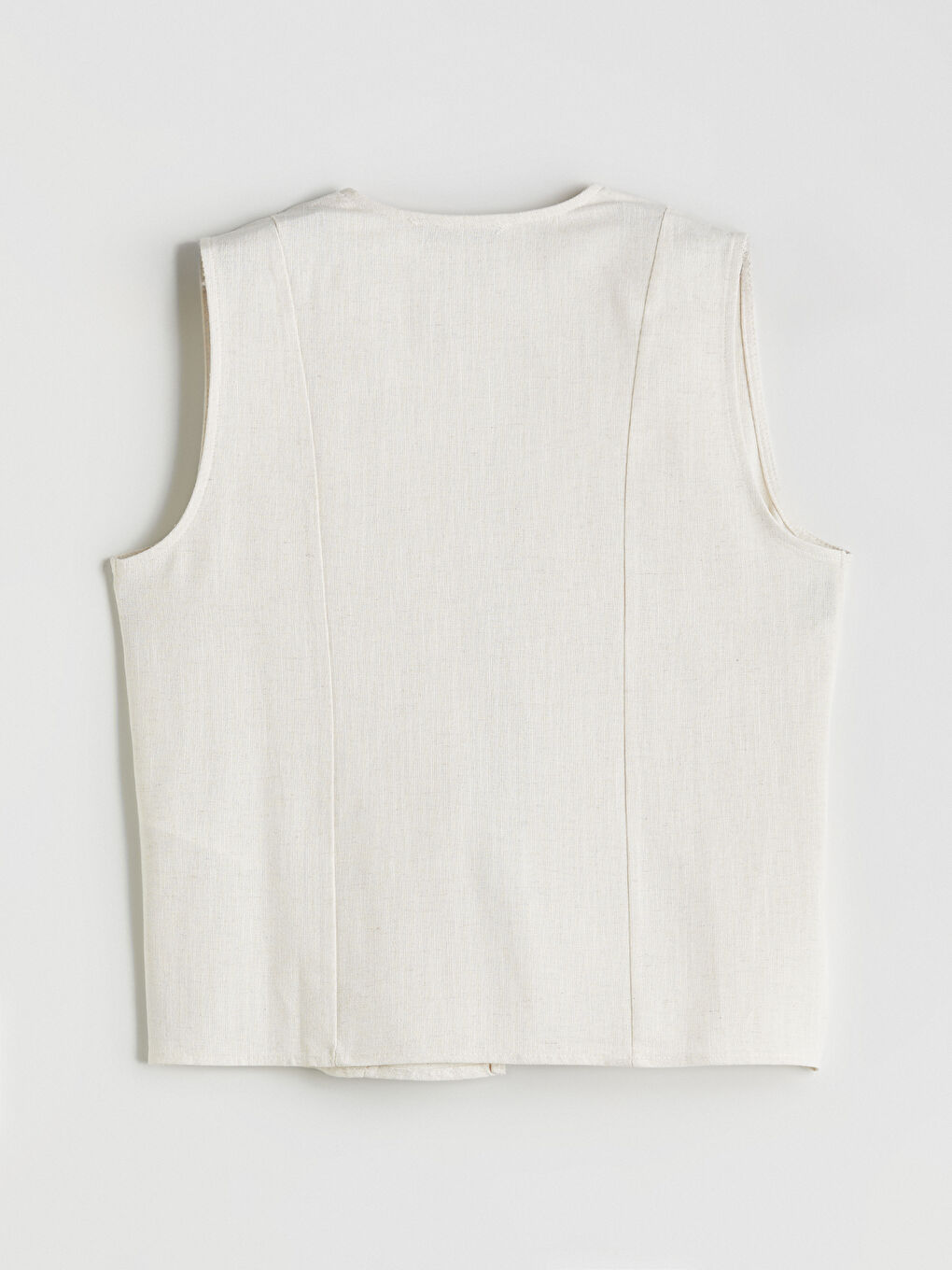 Bej V Yaka Bağlamalı Keten Karışımlı Bluz-5