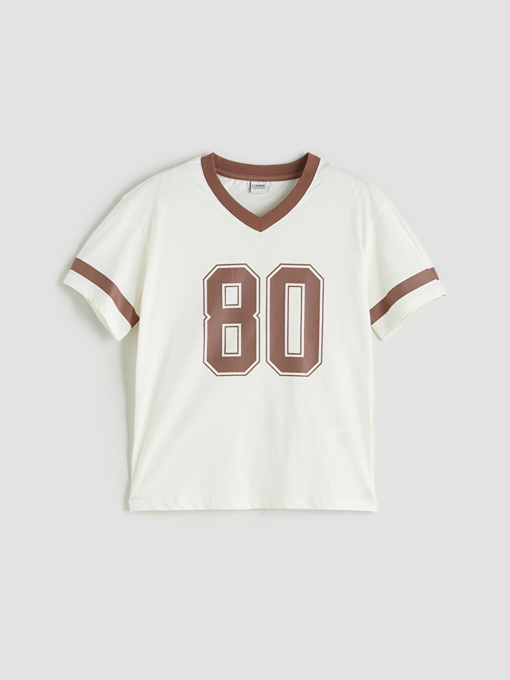 Ekru V Yaka Baskılı Kız Çocuk Tişört