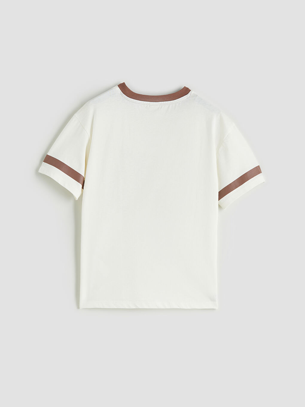 Ekru V Yaka Baskılı Kız Çocuk Tişört-1