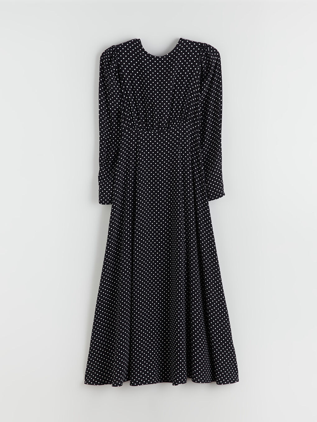 Siyah Bisiklet Yaka Puantiyeli Belden Oturtmalı Elbise-5