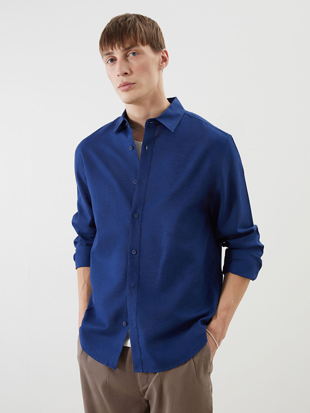 Regular Fit Long Sleeve Linen Blend Men's Shirt