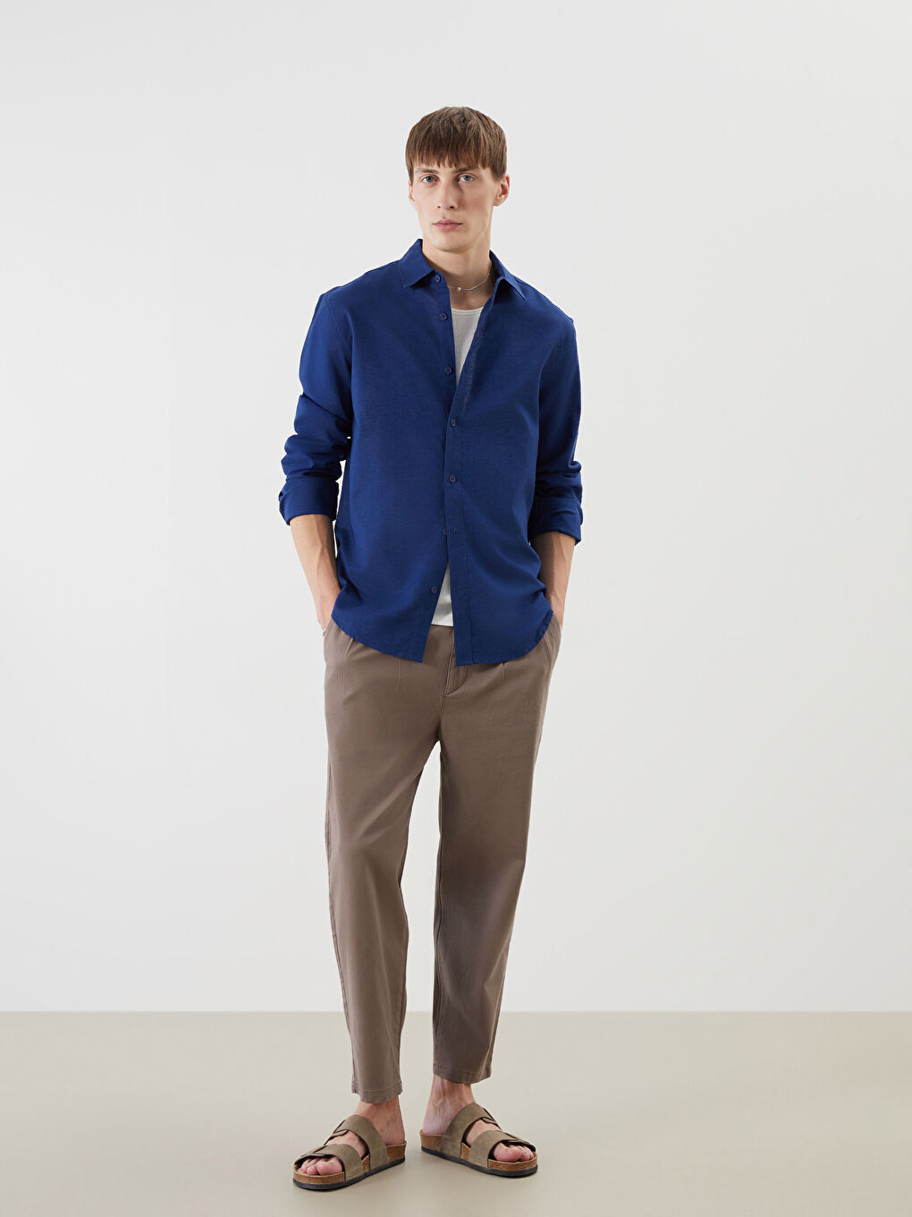 Regular Fit Long Sleeve Linen Blend Men's Shirt-1