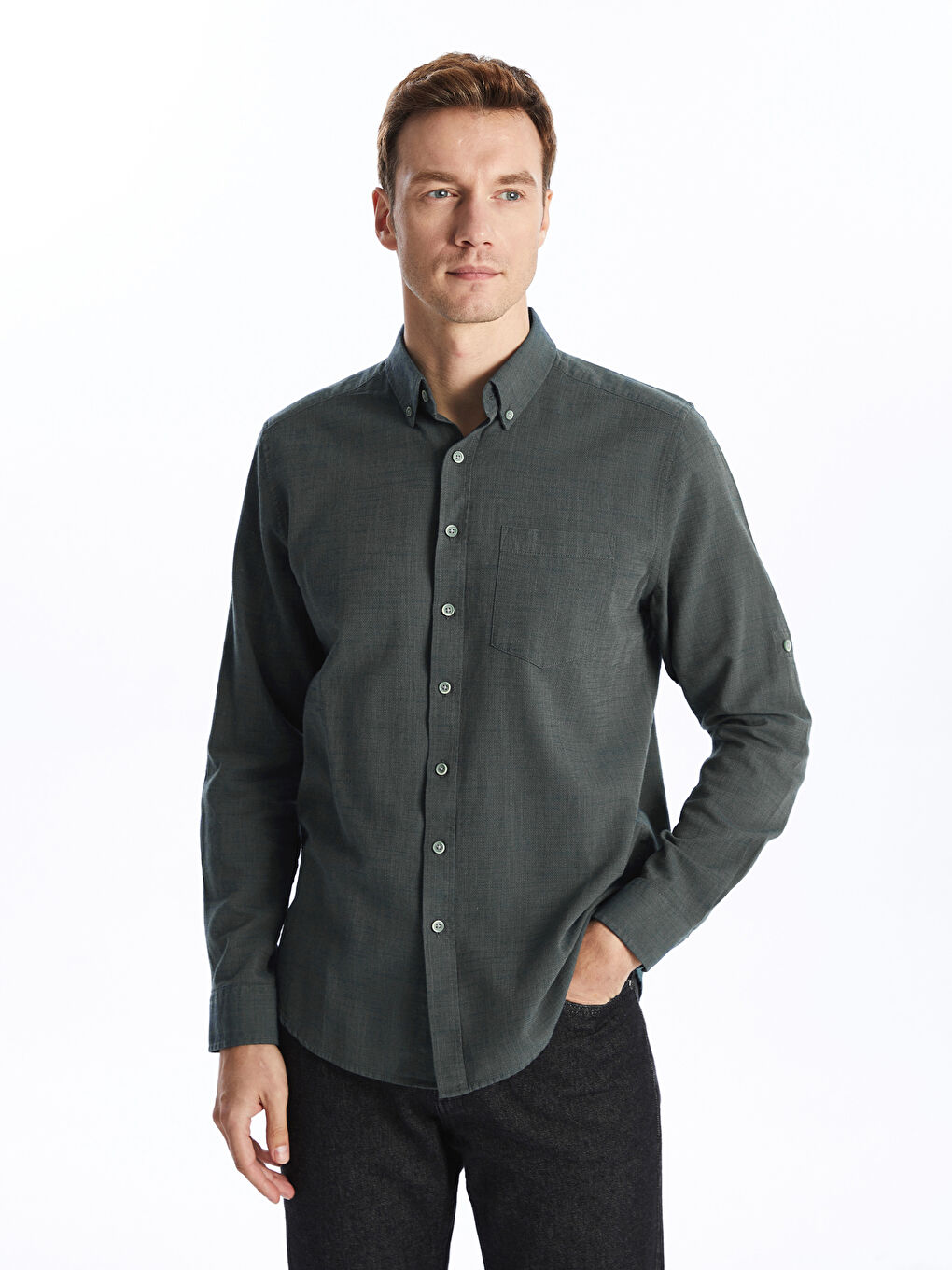 Yeşil Regular Fit Uzun Kollu Armürlü Erkek Gömlek