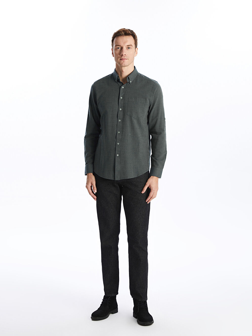 Yeşil Regular Fit Uzun Kollu Armürlü Erkek Gömlek-3