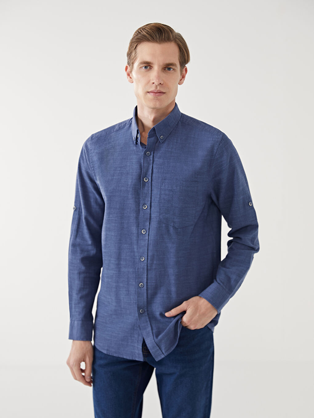 Lacivert Regular Fit Uzun Kollu Armürlü Erkek Gömlek