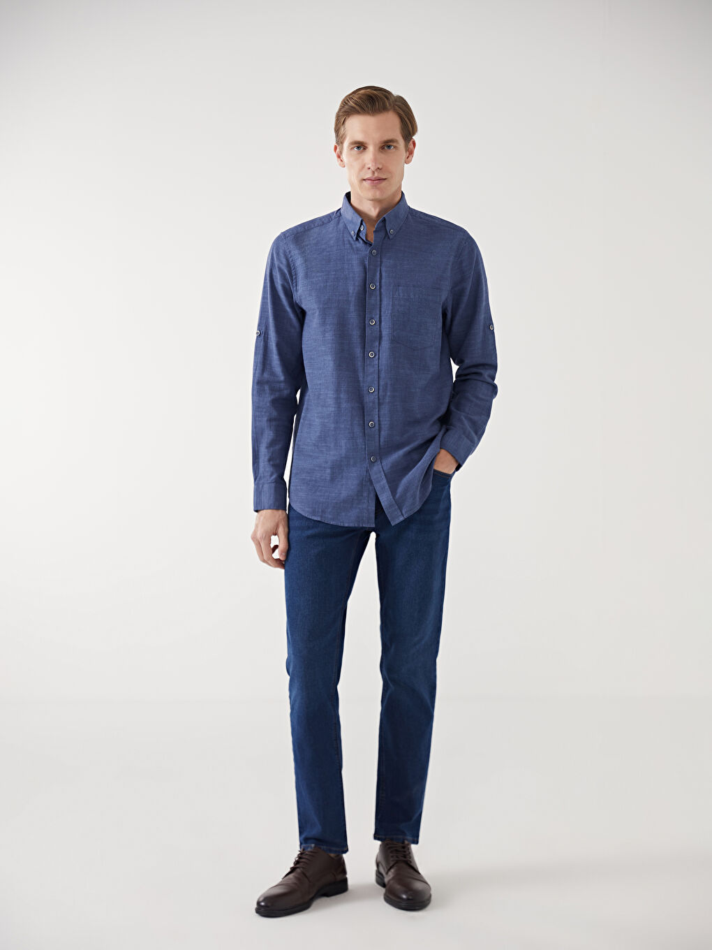 Lacivert Regular Fit Uzun Kollu Armürlü Erkek Gömlek-3