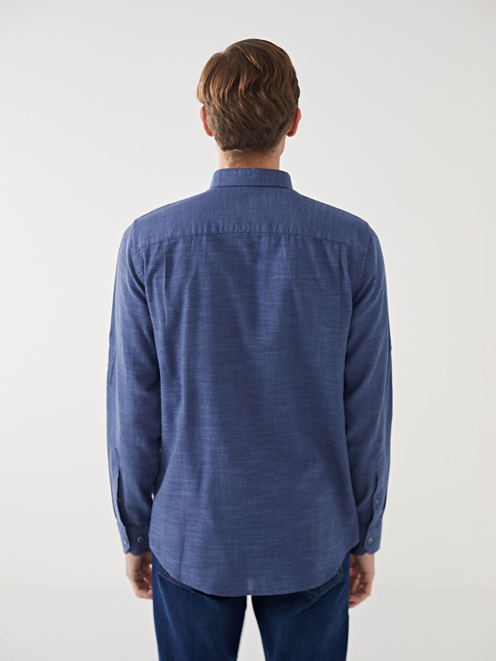 Lacivert Regular Fit Uzun Kollu Armürlü Erkek Gömlek-7