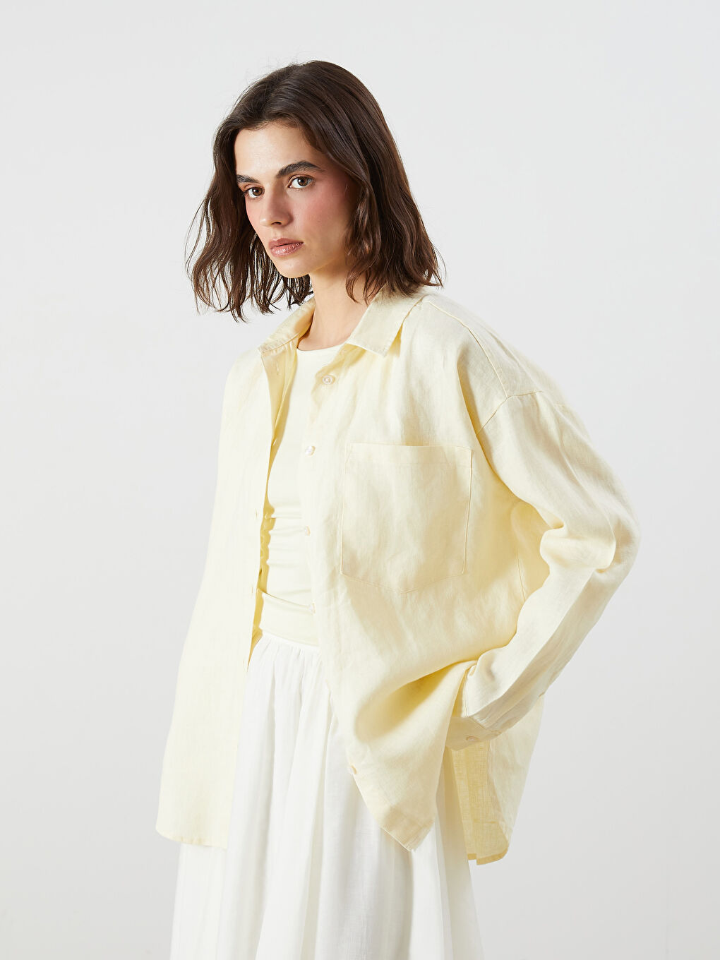 Sarı %100 Keten Oversize Kadın Gömlek