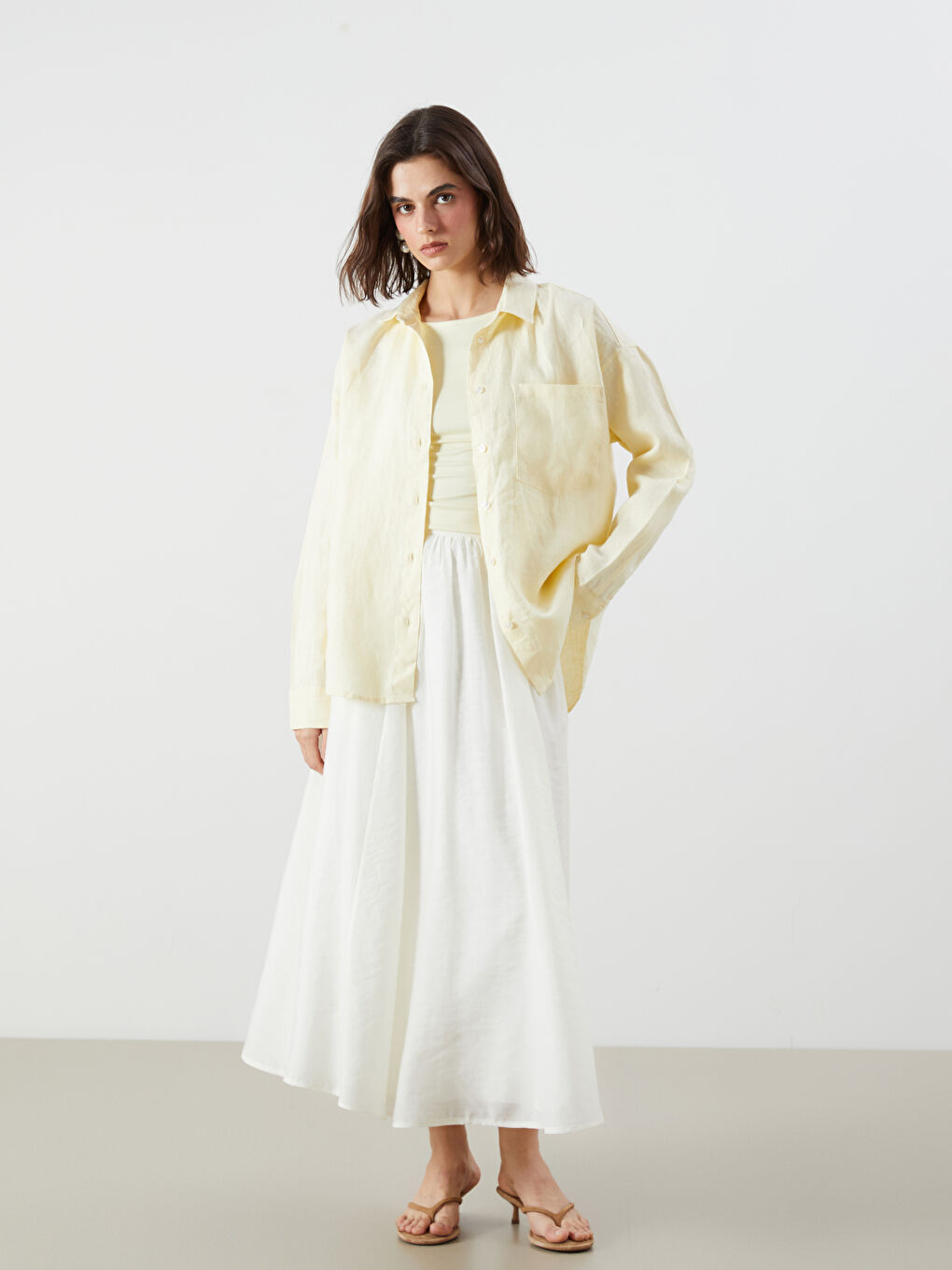 Sarı %100 Keten Oversize Kadın Gömlek-1